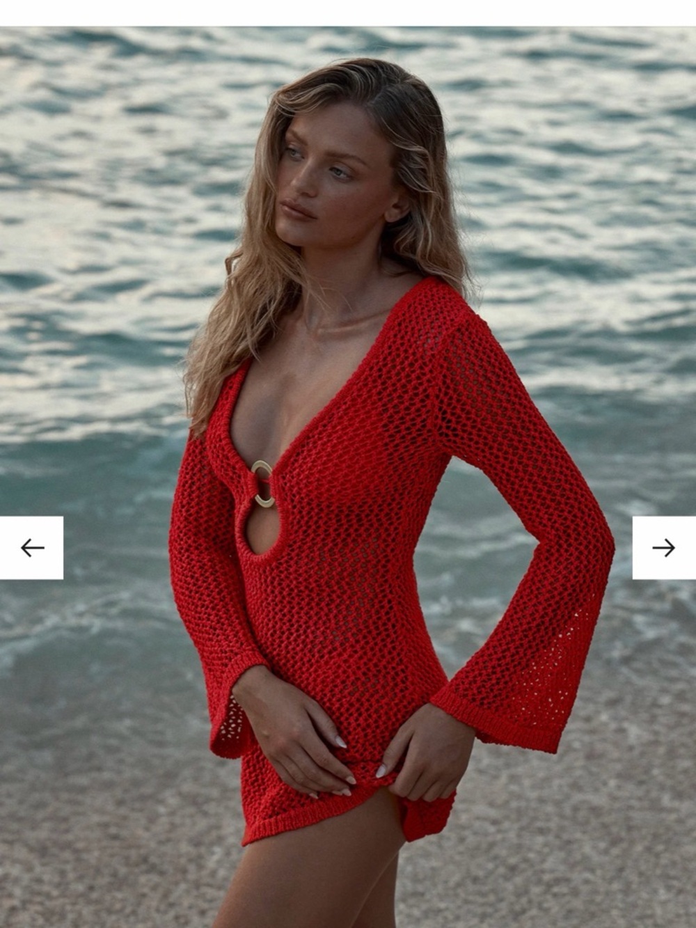 Monday Swimwear Red Crochet Deep-V Mini Cover-Up Dress